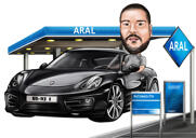 Mies avoautossa ja rekvisiitta