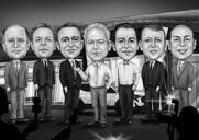 Retrato caricatural em preto e branco de corpo inteiro dos padrinhos