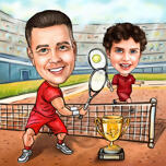 Caricatura de padre e hijo jugando tenis