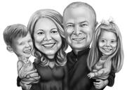 Rodiče se dvěma dětmi kreslený portrét v černobílém stylu z fotografií