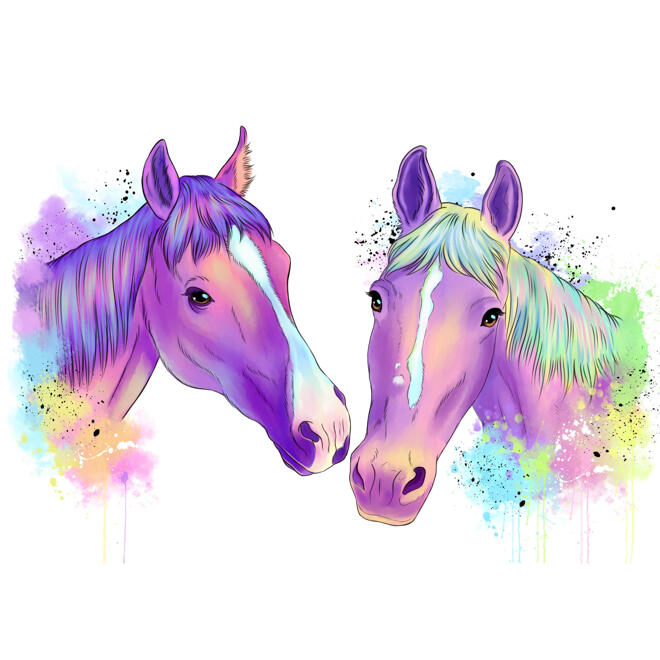 Portrét dvou koní v půvabném pastelovém akvarelu z fotografií