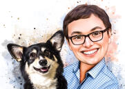 Retrato de homem com cachorro em estilo aquarelas naturais