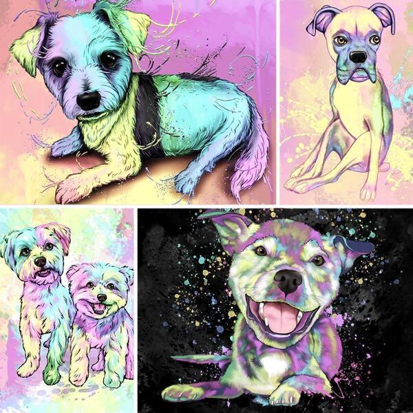Fuldkrop pastel akvarel hundportræt fra fotos med baggrund