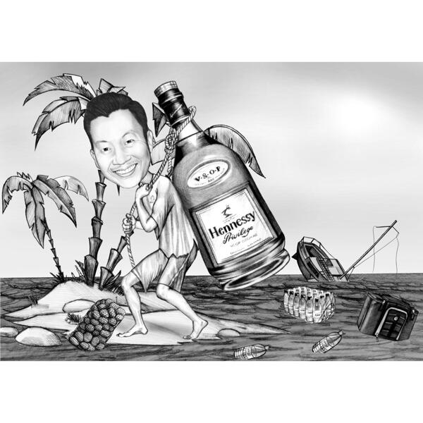Person on Vacation - Funny Custom Caricature in Black and White Style
