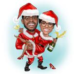 Caricatura de pareja navideña con champán
