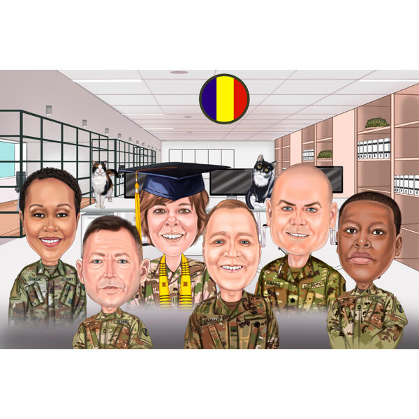 Dessin humoristique d'un groupe militaire d'après une photo