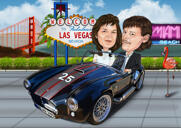 Paar in auto Cartoon karikatuur in kleur digitale stijl met aangepaste achtergrond van foto's