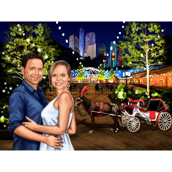 Portret personalizat de cuplu în stil color cu fundal de oraș de noapte