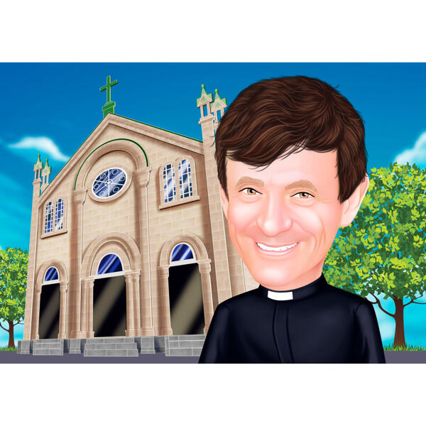 Retrato de dibujos animados de pastor de fotos con fondo para regalo personalizado de agradecimiento al sacerdote