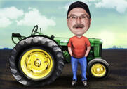 Caricature d'un homme dans un tracteur avec un arrière-plan personnalisé