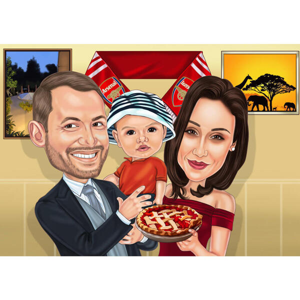 Couple with Kid Family Caricature from Photos at Thanksgiving