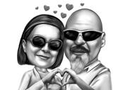 Paar zeigt Herzen - hohe Karikaturzeichnung im Schwarz-Weiß-Stil