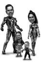 Casal com retrato de desenho animado de super-herói de família infantil em estilo preto e branco