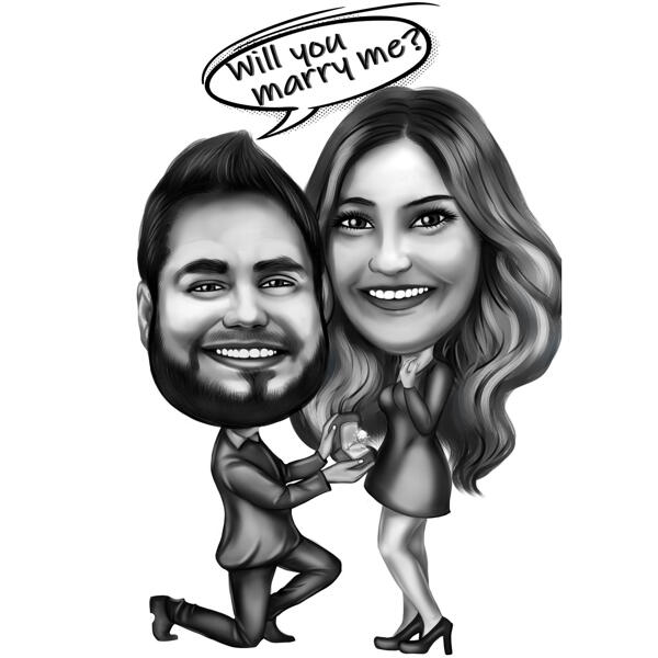 Aangepaste karikatuur van het verlovingsvoorstel in zwart-witstijl van foto