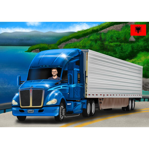 Portret van vrachtwagenchauffeur in kleurstijl met aangepaste achtergrond van foto's