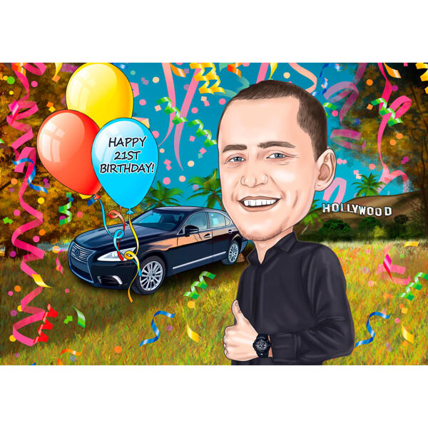 Caricatura di compleanno per uomo in stile colorato con sfondo personalizzato