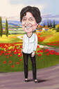 Güzel Kadın Karikatür Portresi, Fotoğraftan Çiçekler Arkaplanlı Renk Tarzında