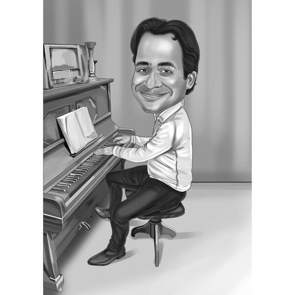 Карикатура пианиста в черно-белом стиле с фото