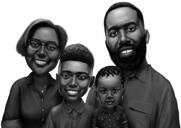 Käsitsi mustvalges stiilis joonistatud nelja inimese portreevisand