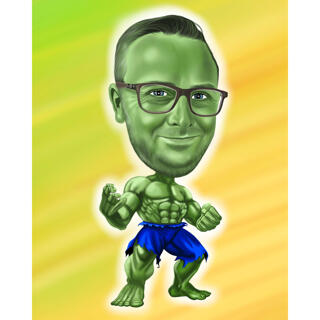 Green Man Superhero Caricature with Colored Background from Photo