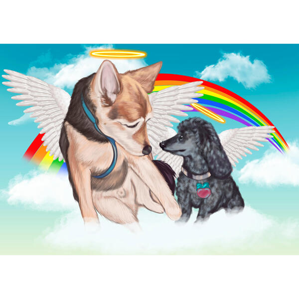 Retrato de dois cães com Halo e asas de anjo