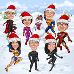 Supervaroņu Ziemassvētku grupas karikatūras zīmējums