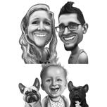 Exaggerated Caricature of Family with French Bulldog