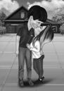 Черно-белая карикатура на целующуюся пару на собственном фоне из фотографий