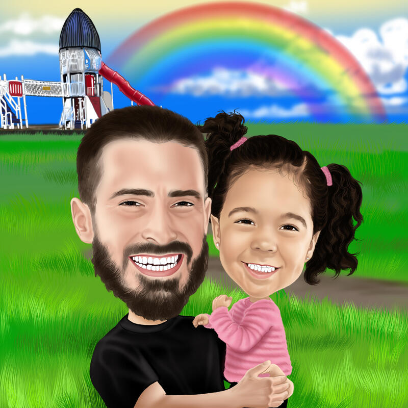 Father and Daughter Cartoon Caricature with Custom Background