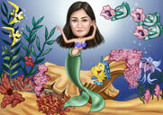 Frauenkarikatur als Meerjungfrau-Zeichnung aus Fotos
