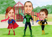 Отец с детьми Карикатура супергероя в преувеличенном стиле, нарисованная по фотографиям