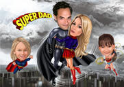 Caricatură de familie cu supereroi pentru fanii supereroilor Marvel