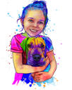 Caricature of Little Girl Holding Puppy