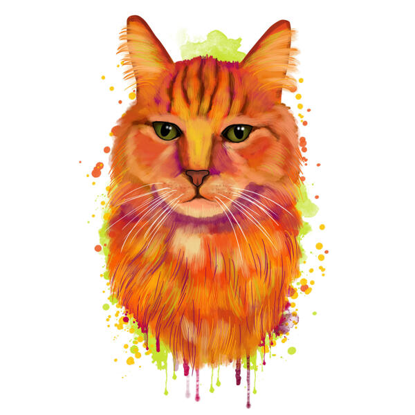 Skaists sarkanīgs kaķa karikatūras portrets no fotogrāfijām akvareļu stilā