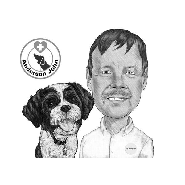 Mascota con médico veterinario en blanco y negro