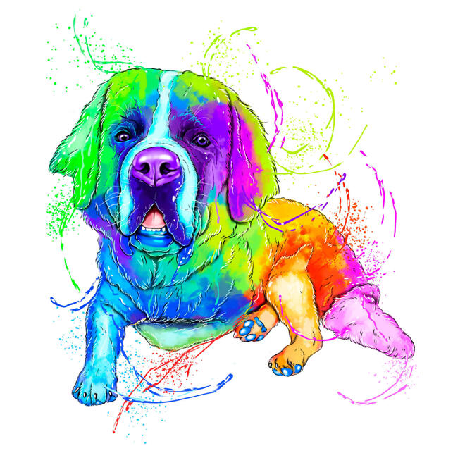 Karikaturportræt af Berner Sennen i fuld krop i regnbue-akvarelstil fra foto