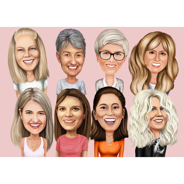 Pielāgots galvas un plecu grupas sieviešu karikatūras portrets ar vienkrāsainu fonu