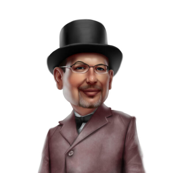 Vīrietis cepures karikatūras portrets, ar roku zīmēts no fotoattēliem