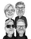 Schiță portret de patru persoane desenată manual în stil alb-negru