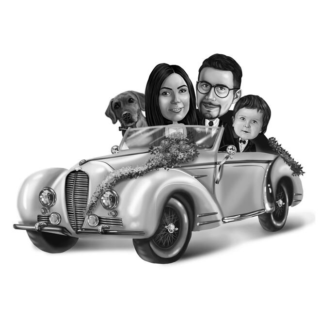 Ģimene ar mājdzīvnieku automašīnā Kāzu karikatūra melnbaltā stilā no fotoattēliem