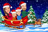Familie im Schlitten des Weihnachtsmanns mit Rentieren