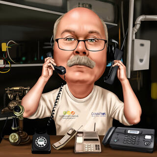 Phone Repairman in Workshop Colored Style Caricature from Photos