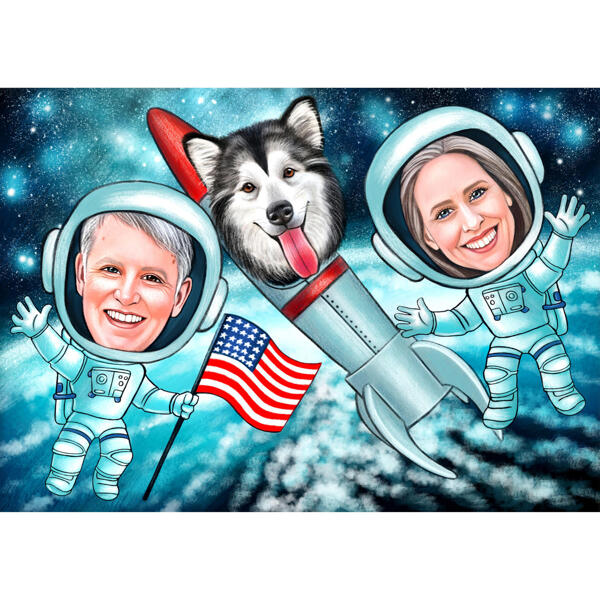 Couple with Dog Caricature in Space