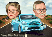 Caricature de couple d'anniversaire en voiture et arrière-plan personnalisé
