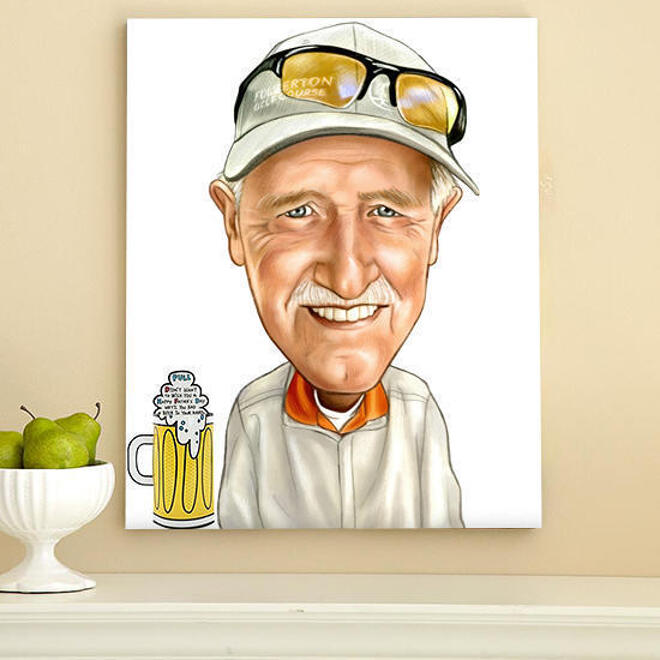 Man with Beer Caricature on Canvas - Father Gift Idea Hand Drawn in Funny Exaggerated Style