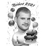 Homme avec cadeau de caricature d'anniversaire de gâteau dans un style monochrome à partir de photos