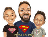 Isä ja 2 lasta sarjakuva karikatyyri lahja värityyliin valokuvista
