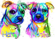 Dog Couple Caricature Portrait in Bright Watercolor Style from Photos