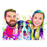 Couple with Australian Shepherd Dog Watercolor Portrait
