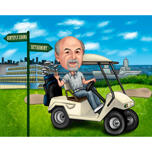 Mies golfkärryssä eläkkeelle jäävä karikatyyri